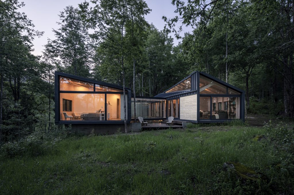 Forest House – Dva lesena volumna med drevesi ob gozdni jasi.