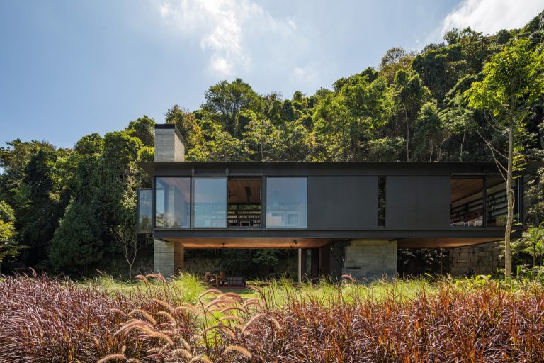 Rio House – Dvignjena hiša iz jekla in stekla na gozdnatem pobočju.