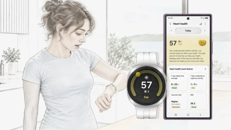 Ženska v svetlem prostoru gleda podatke o zdravju srca na pametni uri, ob njej sta prikaza ure in zaslona telefona z aplikacijo Samsung Health.