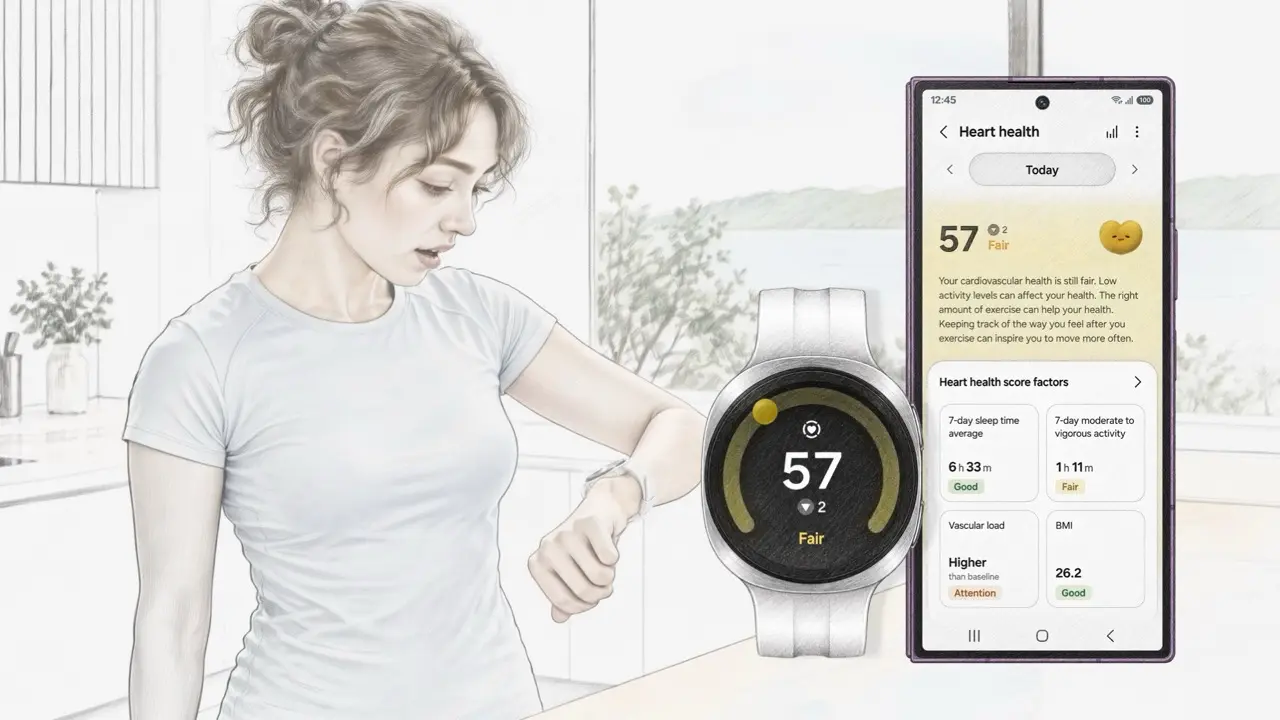 Ženska v svetlem prostoru gleda podatke o zdravju srca na pametni uri, ob njej sta prikaza ure in zaslona telefona z aplikacijo Samsung Health.