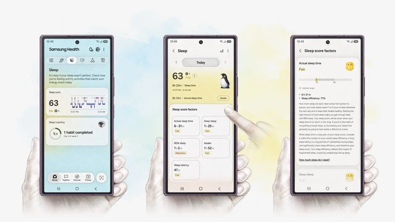 Trije pametni telefoni prikazujejo zaslone aplikacije Samsung Health s podatki o spanju in ocenami spanja.